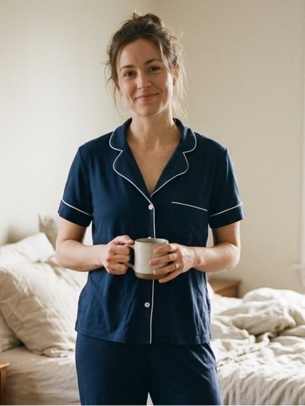 J. Crew Navy Short Sleeve Pajama Top with White Piping